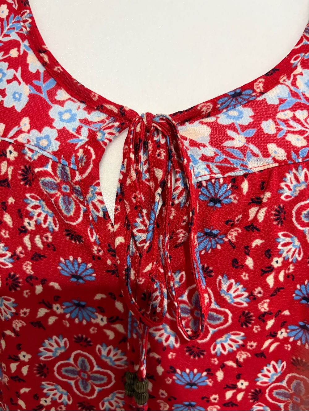 Style & Co. Red Floral Tie-Front Tunic with Navy Accent Sleeves - Picture 4 of 10